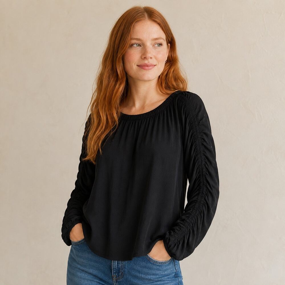 Free People Flowy Boho Boat neck Ruched sleeve top Women XS